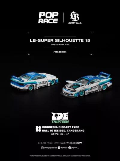 PR640584 POPRACE 1:64 LB-SUPER SILHOUETTE S15 WHITE-BLUE – 2026 INDONESIA DIECAST EXPO (IDE)